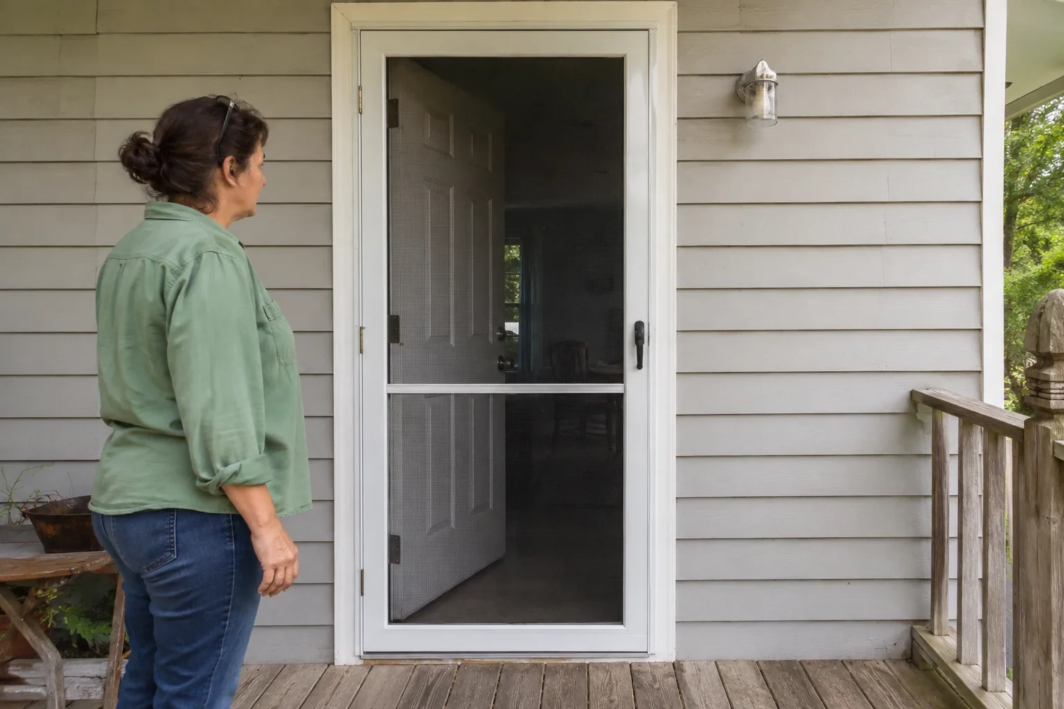Woman examining a white-framed mesh screen door.